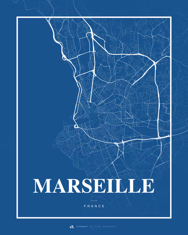 Street map poster of Marseille, France, watercolor edition